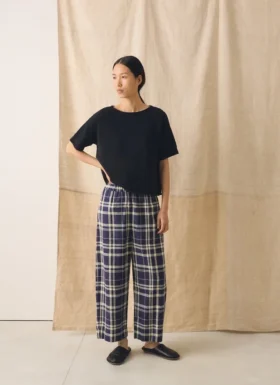 barrel leg check linen cotton pants blue soya 2 280x385 - Barrel Leg Check Linen Cotton Pants| Blue/Soya