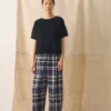 Barrel Leg Check Linen Cotton Pants| Blue/Soya