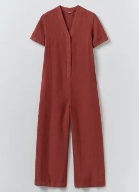 V Neck Garment Dyed Linen Jumpsuit